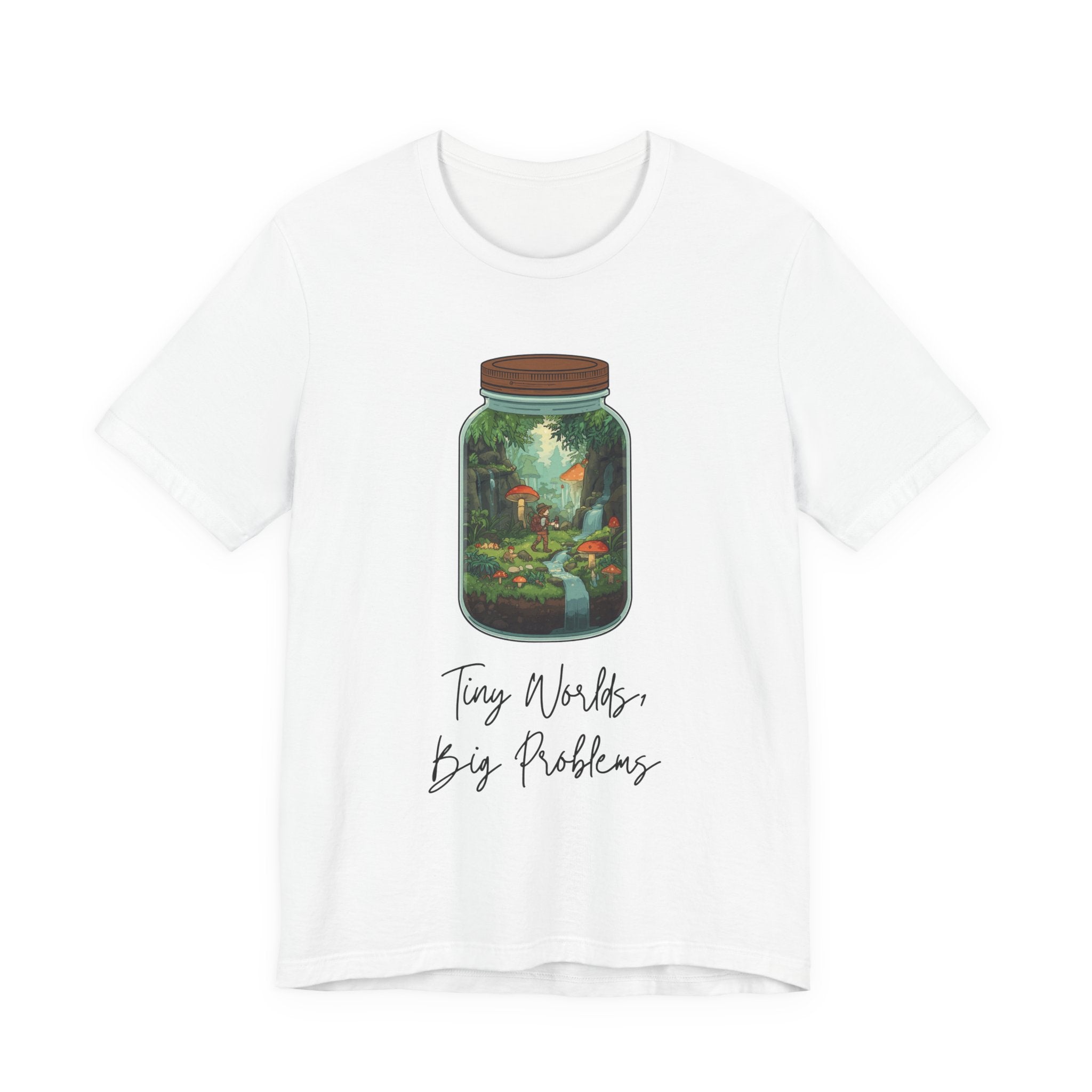 Tiny World Tee — Jar Terrarium Graphic T‑Shirt ("Tiny World, Big Problems")