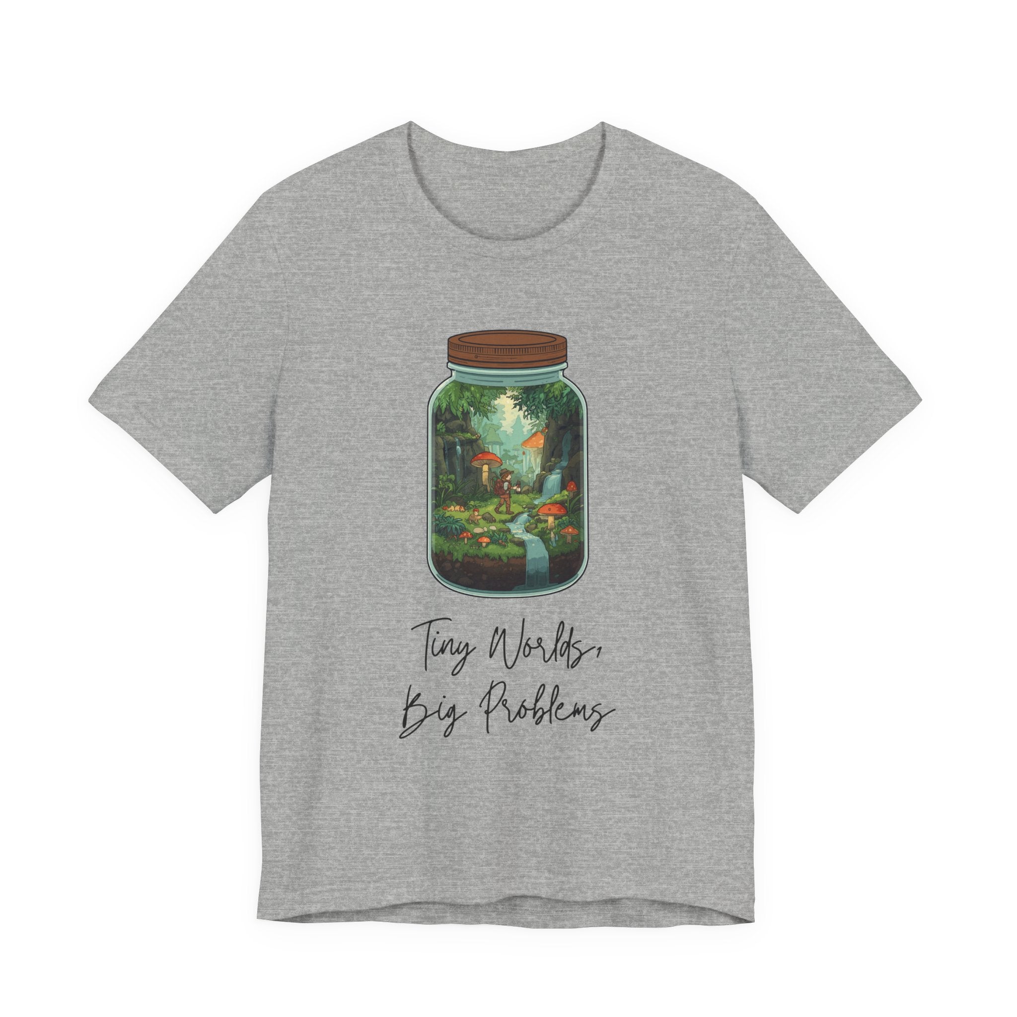 Tiny World Tee — Jar Terrarium Graphic T‑Shirt ("Tiny World, Big Problems")