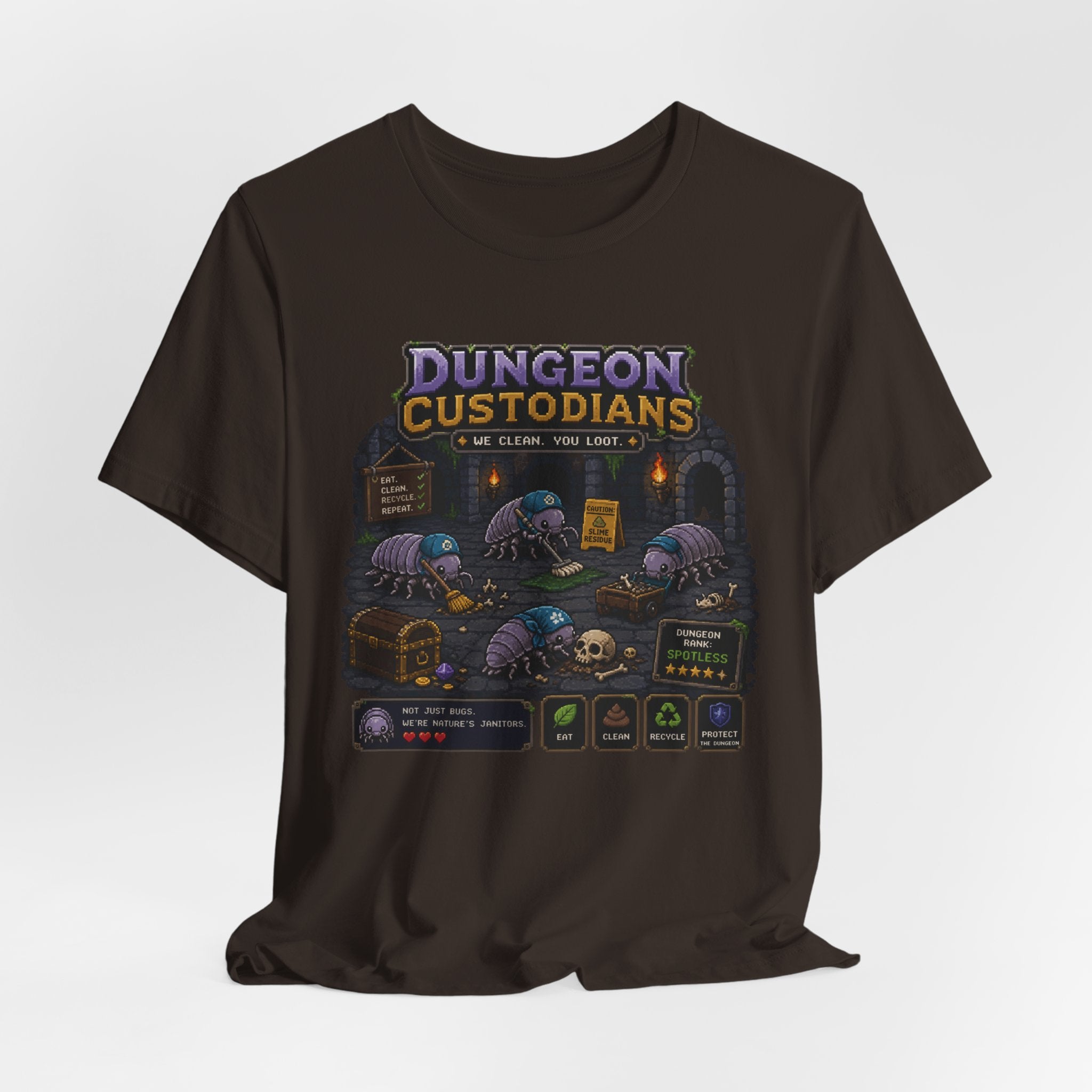 Dungeon Custodians T‑Shirt — Retro Pixel RPG Monsters Gaming Tee