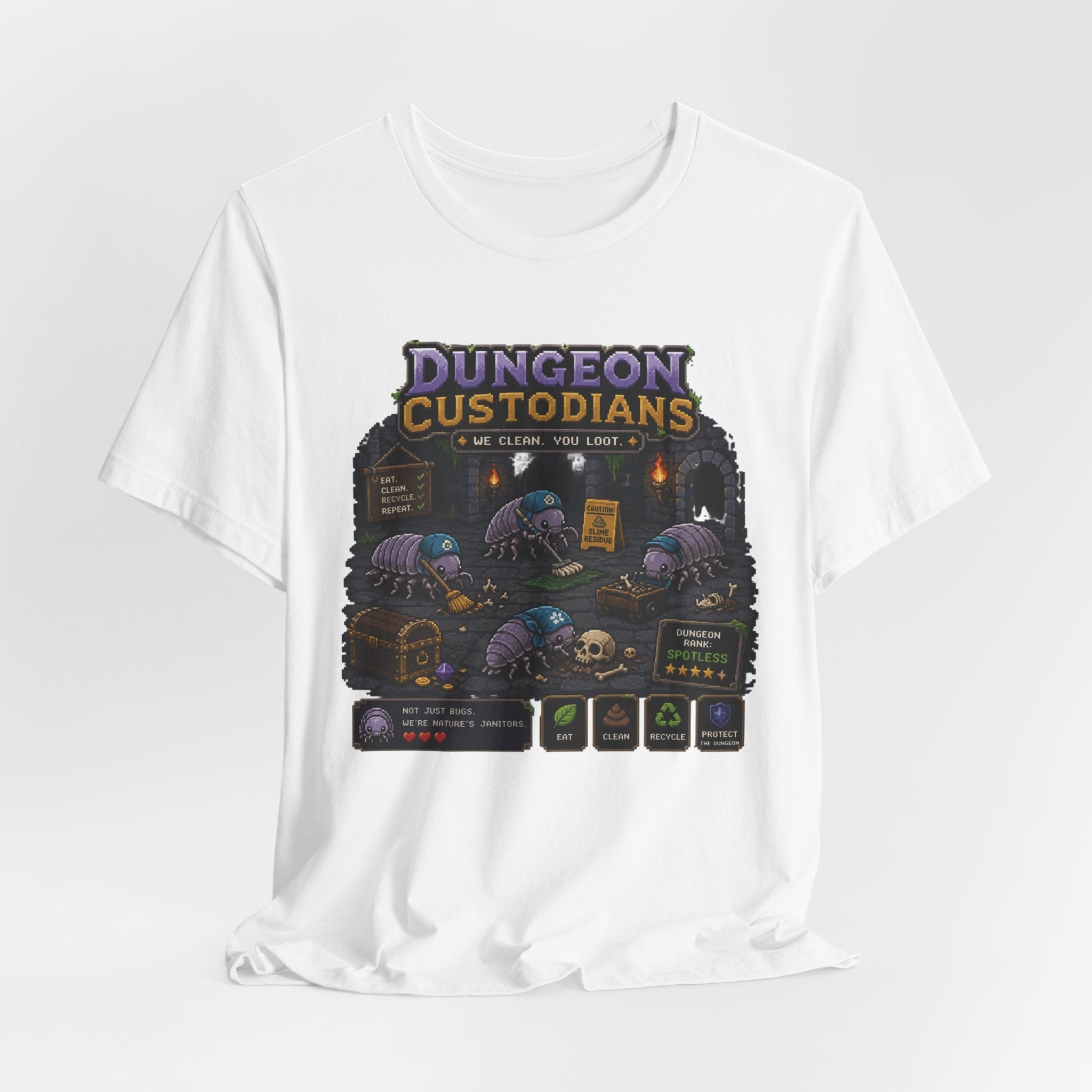 Dungeon Custodians T‑Shirt — Retro Pixel RPG Monsters Gaming Tee