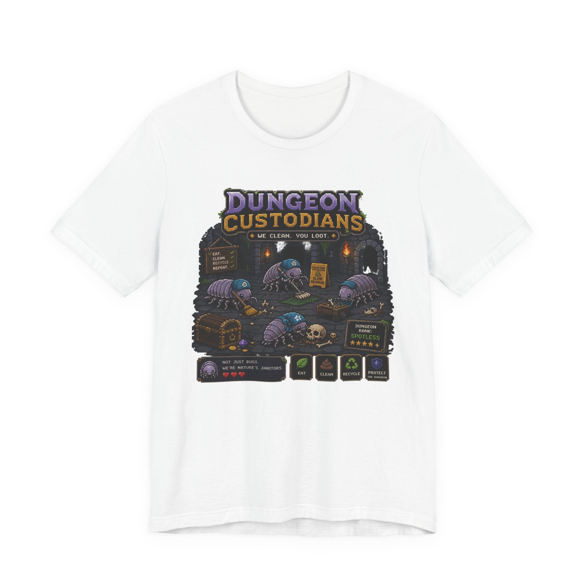 Dungeon Custodians T‑Shirt — Retro Pixel RPG Monsters Gaming Tee
