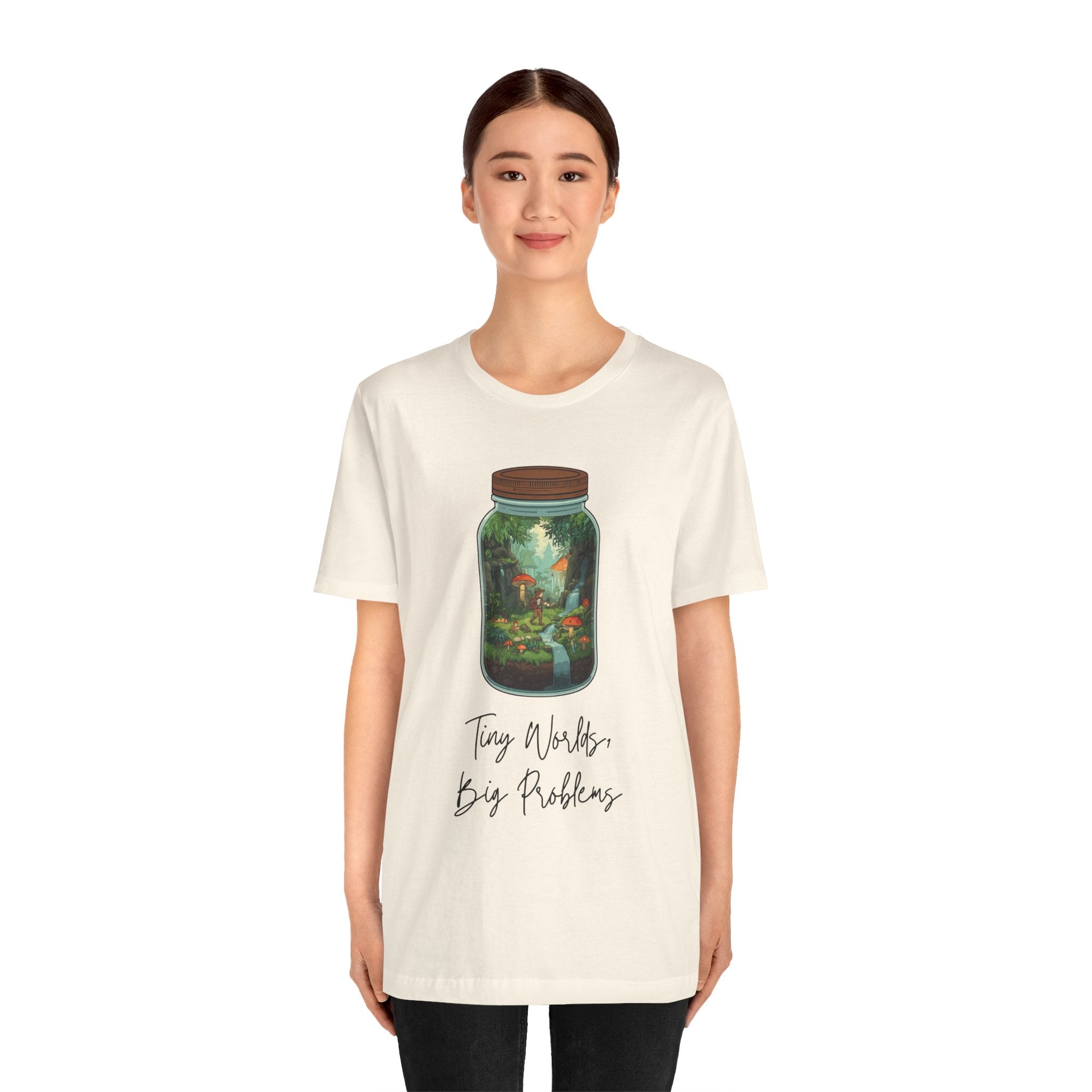 Tiny World Tee — Jar Terrarium Graphic T‑Shirt ("Tiny World, Big Problems")