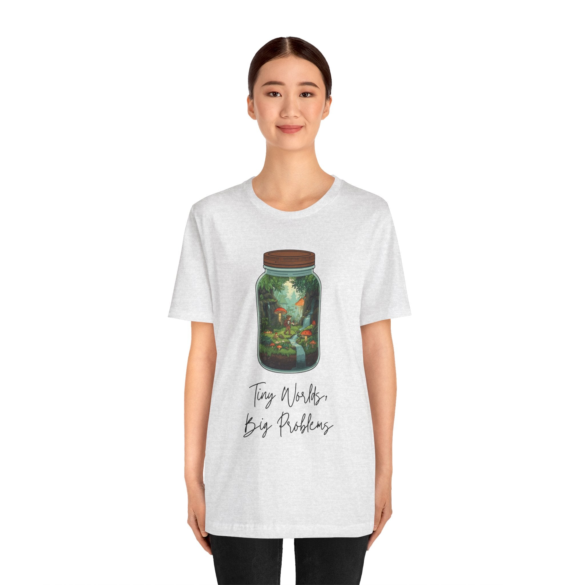 Tiny World Tee — Jar Terrarium Graphic T‑Shirt ("Tiny World, Big Problems")
