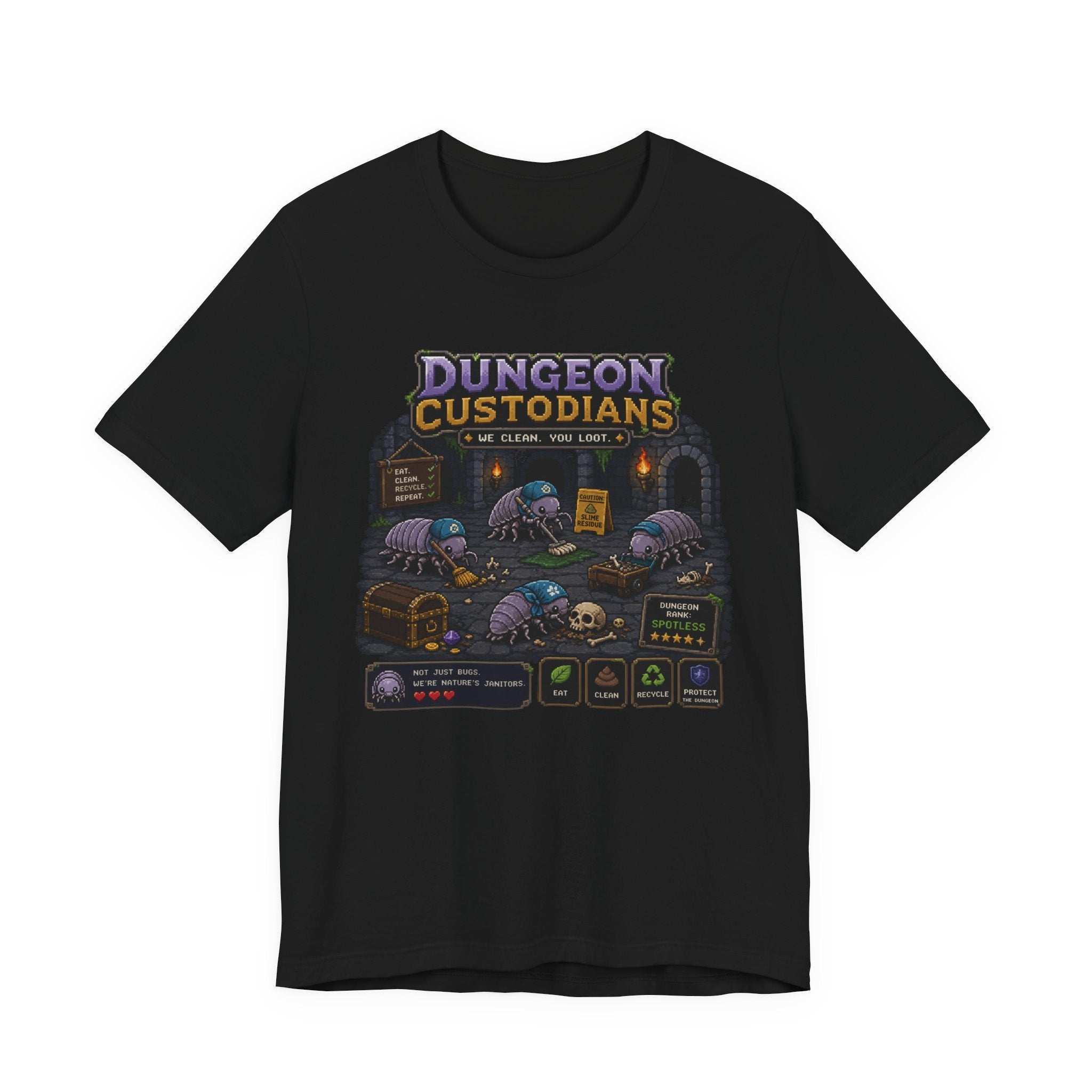 Dungeon Custodians T‑Shirt — Retro Pixel RPG Monsters Gaming Tee
