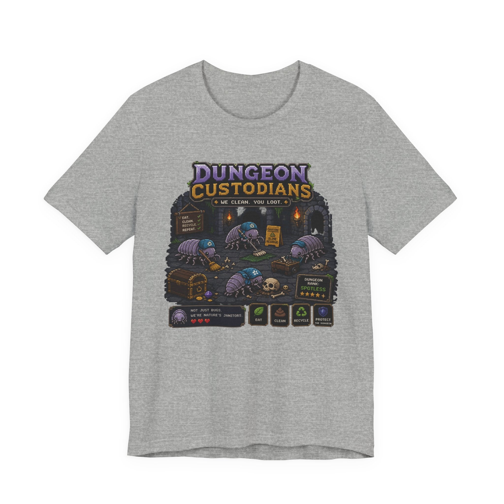 Dungeon Custodians T‑Shirt — Retro Pixel RPG Monsters Gaming Tee