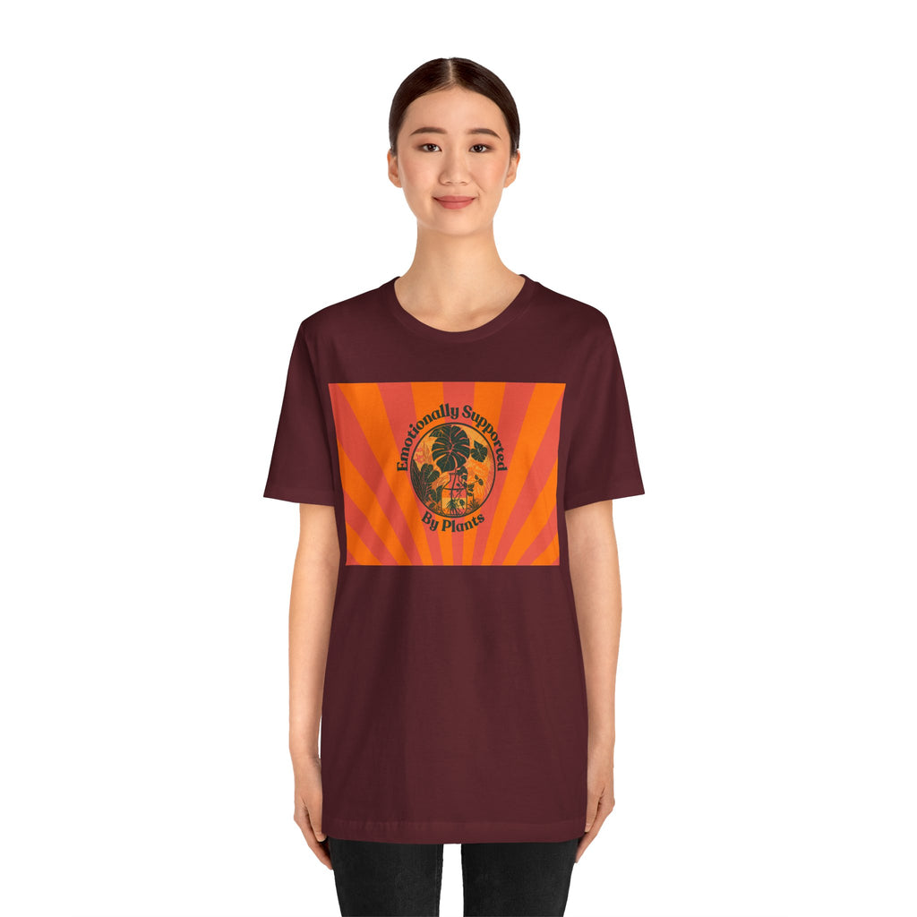 Retro Sunburst Plant Tee — “Emotionally Supported by Plants”