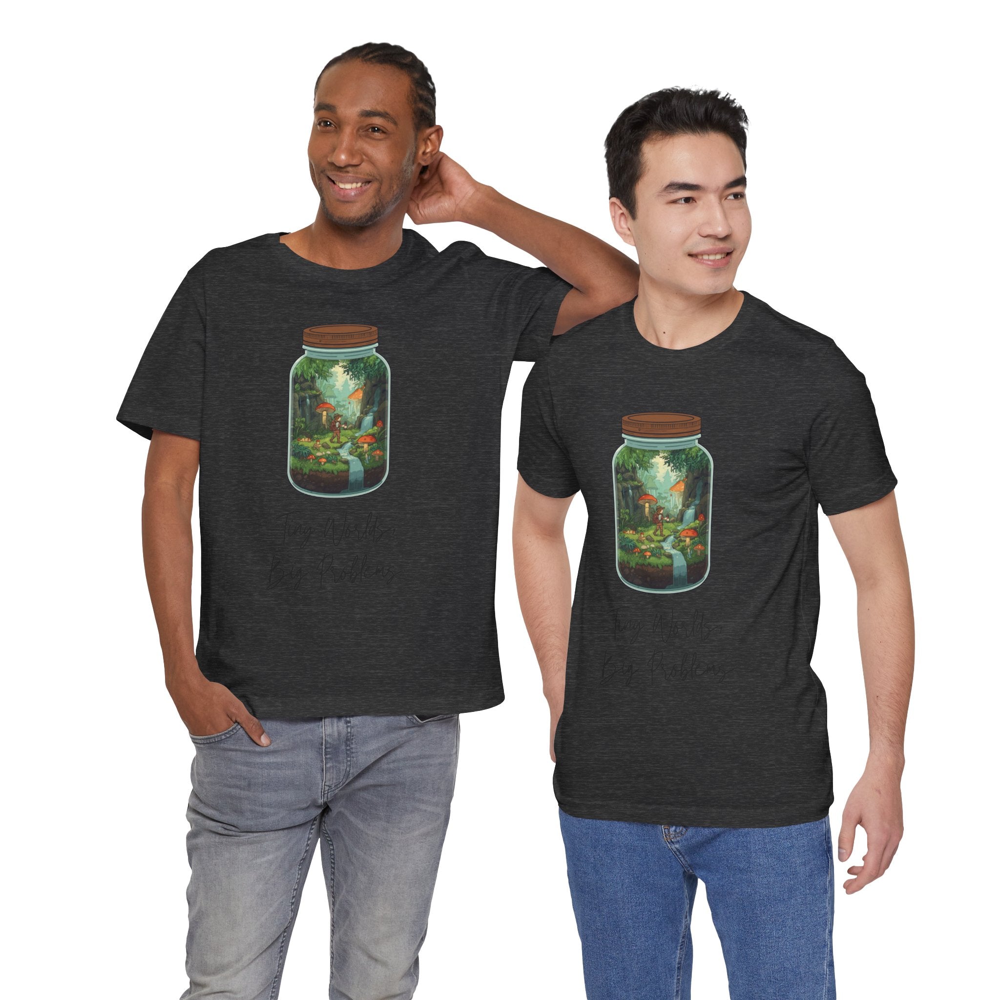 Tiny World Tee — Jar Terrarium Graphic T‑Shirt ("Tiny World, Big Problems")