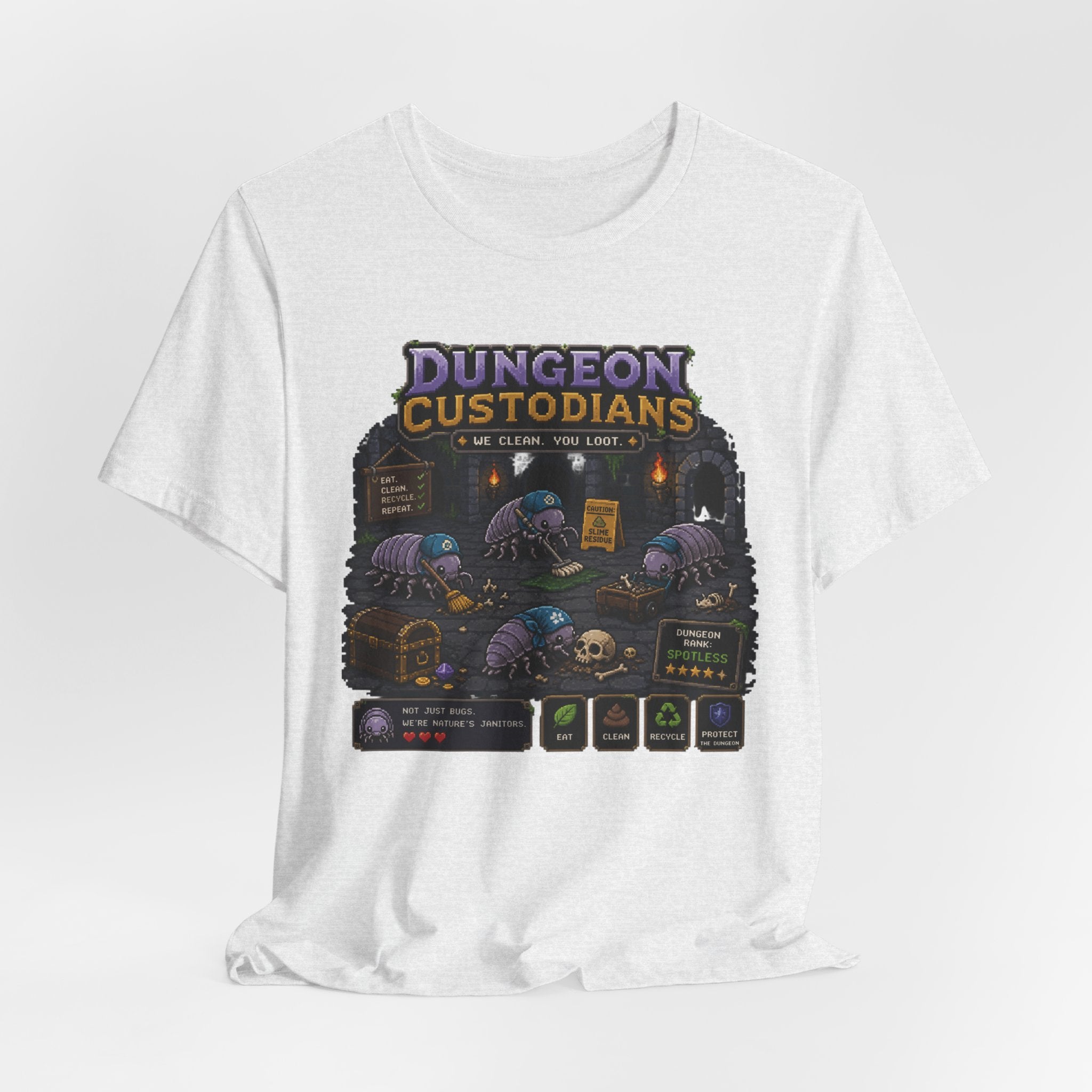 Dungeon Custodians T‑Shirt — Retro Pixel RPG Monsters Gaming Tee