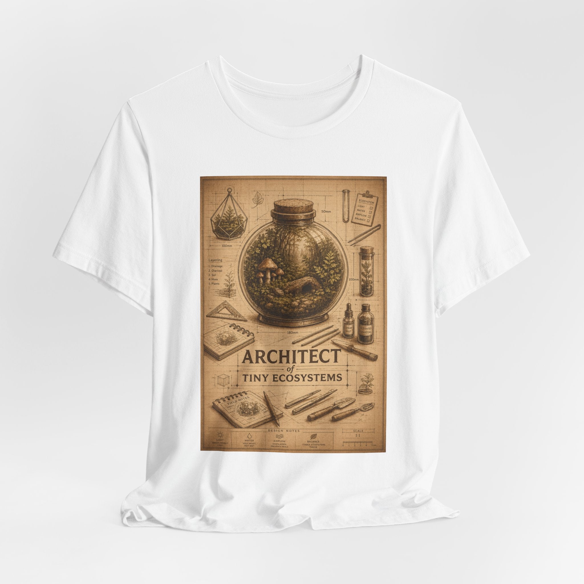 Architect of Tiny Ecosystems T-Shirt — Terrarium Builder Vintage Diagram Tee