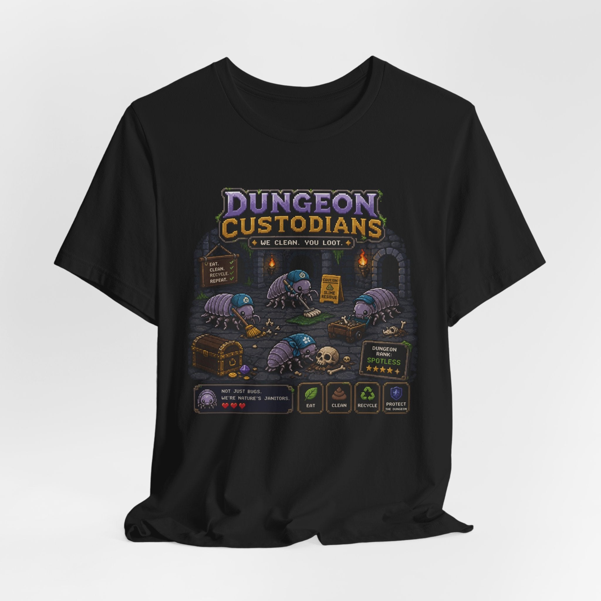 Dungeon Custodians T‑Shirt — Retro Pixel RPG Monsters Gaming Tee