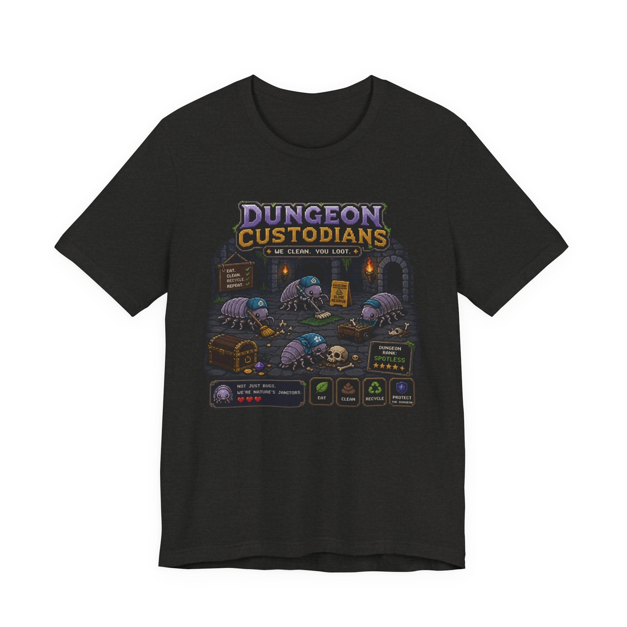 Dungeon Custodians T‑Shirt — Retro Pixel RPG Monsters Gaming Tee