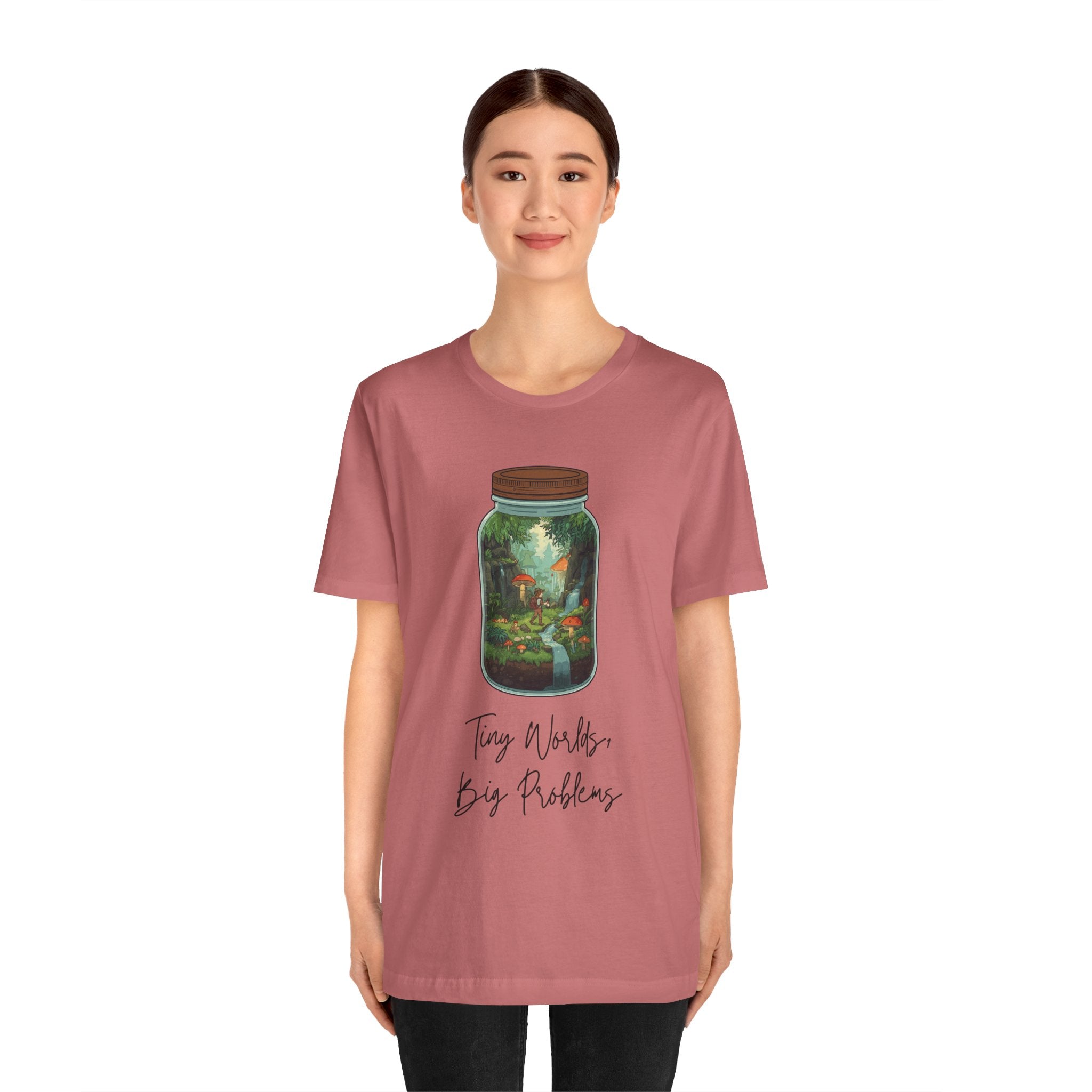 Tiny World Tee — Jar Terrarium Graphic T‑Shirt ("Tiny World, Big Problems")